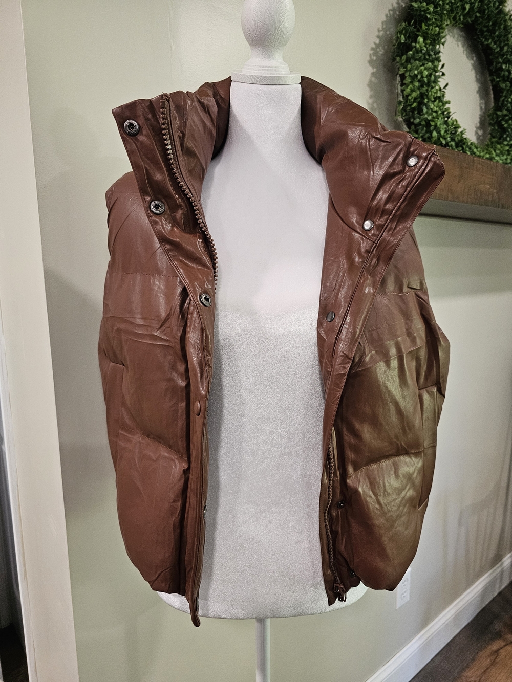 Brown Faux Leather Puffer Vest